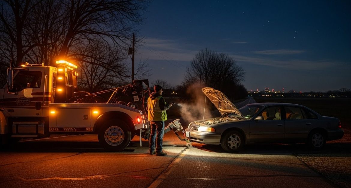Tow truck assisting a broken-down car on the roadside