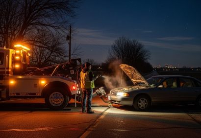 Tow truck assisting a broken-down car on the roadside
