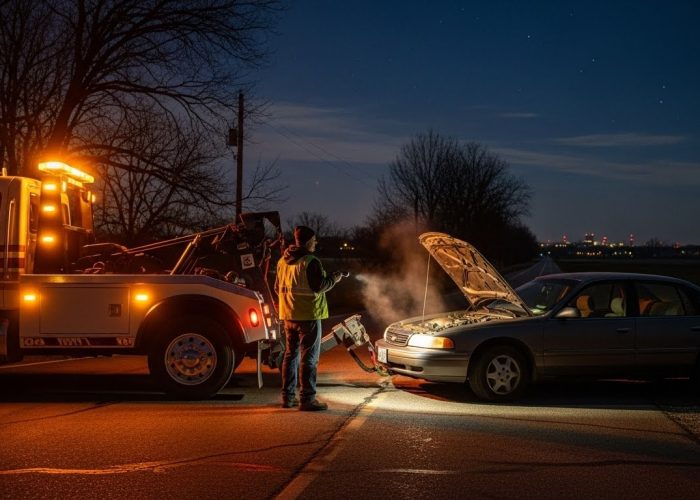 Tow truck assisting a broken-down car on the roadside